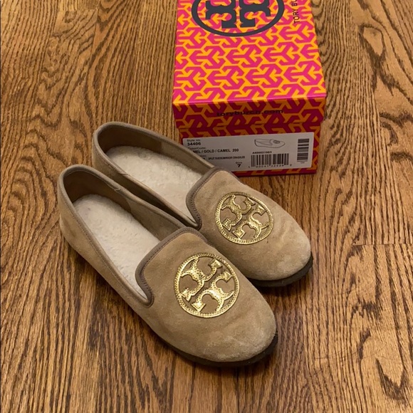 Tory Burch Shoes - Tory Burch “Billy” suede gold logo flats